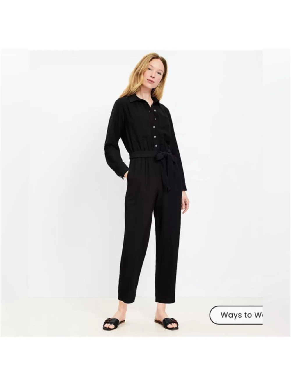 LOFT Classic Black Button-Front Long Sleeve Jumpsuit | Size 6